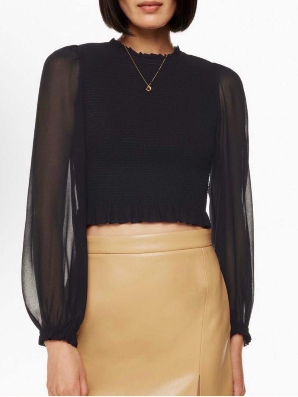 Aritzia Wilfred Tempest Smocked Chiffon Ruffle Crop Top Black Size Small preppy